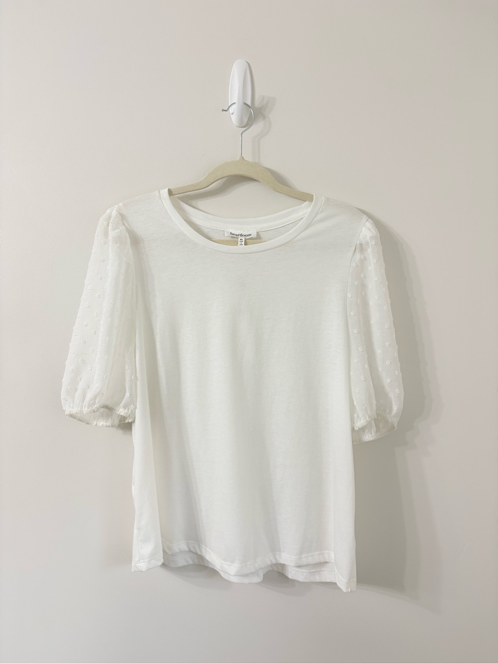 NWT HEARTLOOM White Puff Sheer Swiss Dot Sleeves Tshirt Romantic Quiet Luxury XL - Picture 5 of 7